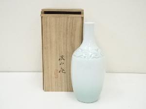 京焼　加藤渓山造　青白磁唐草花瓶（共箱）